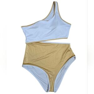 NWT Victoria Secrets One Shoulder  White and Gold Swimsut Size Xl